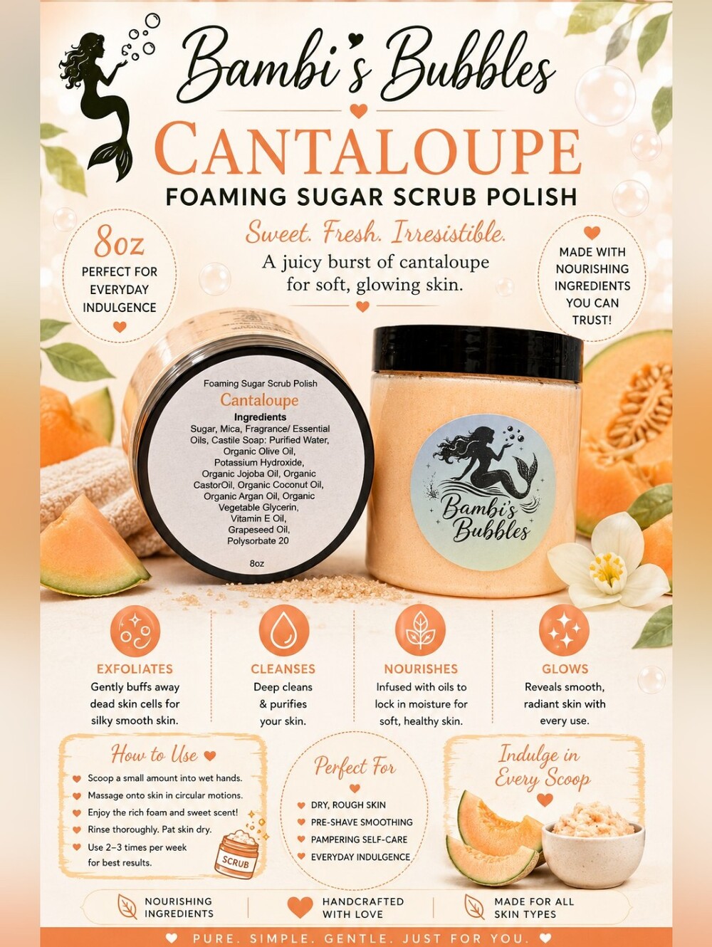 8oz New! Cantaloupe Foaming Sugar Scrub Polish